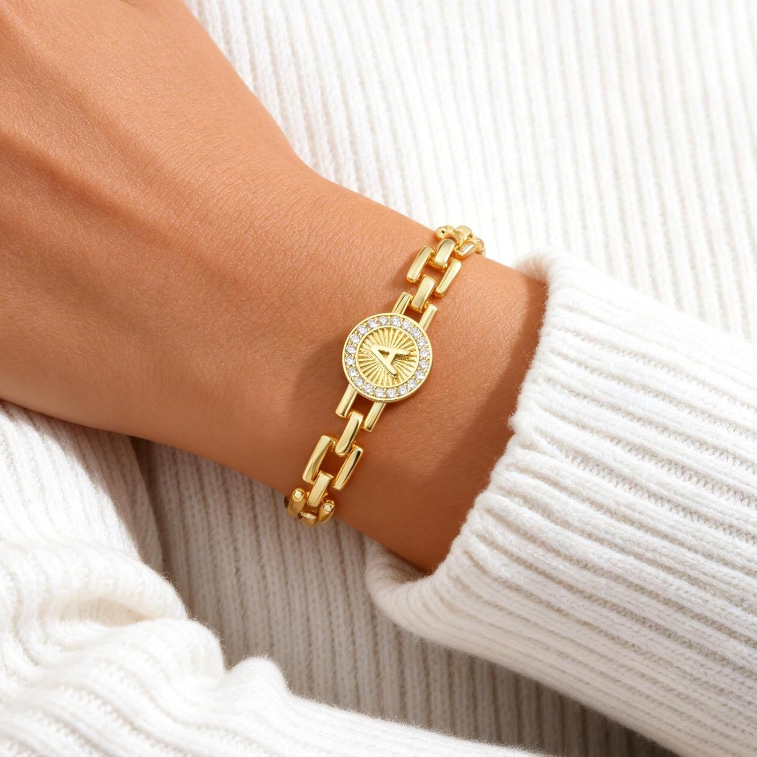 Gold Initial Bracelet for Women - 14K Gold Plated Adjustable Watch Band Chain Bracelets, Trendy Cubic Zirconia Link Bracelet, Birthday Anniversary Christmas Jewelry Gifts for Her - Image 3