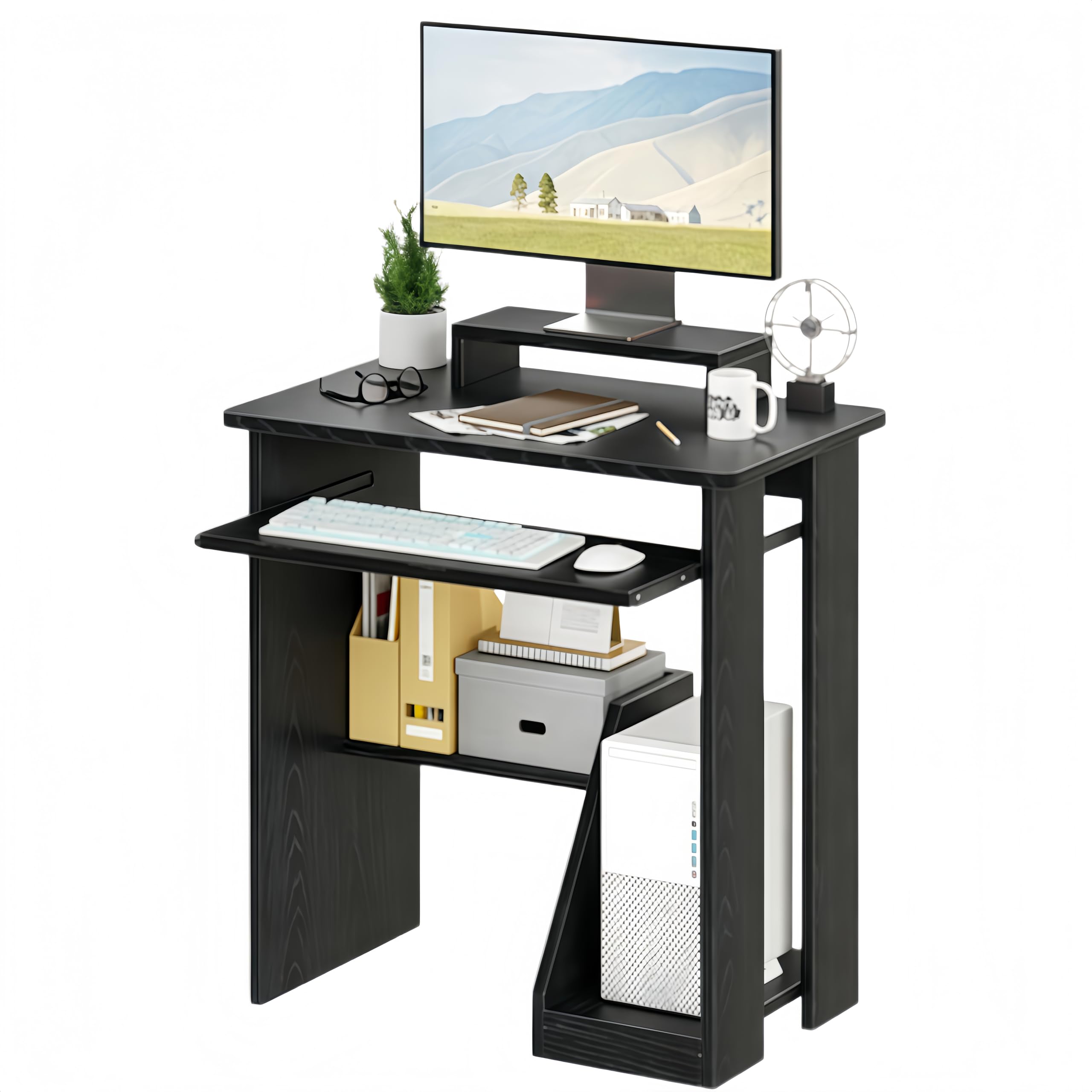 ALISENED 30" Small Computer Desk with Keyboard Tray Monitor Stand, Study Writing Desk with Storage Shelves, Modern Workstation for Small Spaces, Save