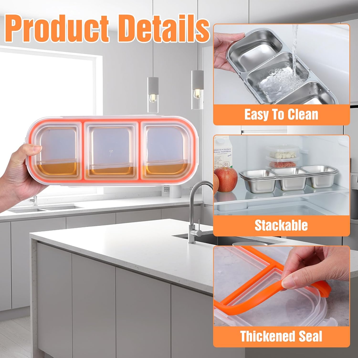 3PCS Stainless Steel Snack Containers With Lids, Reusable 3 Compartment Bento Container for Food Storage and Prep, Metal Stackable Leakproof Lunch Box for Daycare Work Travel - Image 3