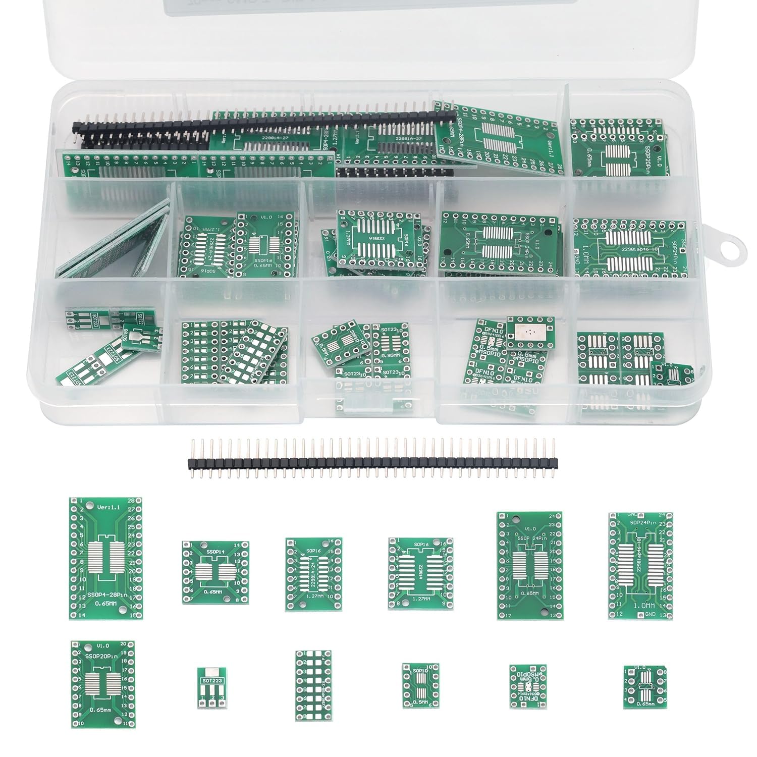 Harrisen 70 pezzi 12 tipi SMD a DIP Adapter PCB Board Kit SOP8 SOP10 DFN10 SOP14 SOP16 SOP20 SOP24 SOP28 SOP89/SOT223 SMT 0402/0603/0805 SOP24 con 10 54 mm. Adattatore