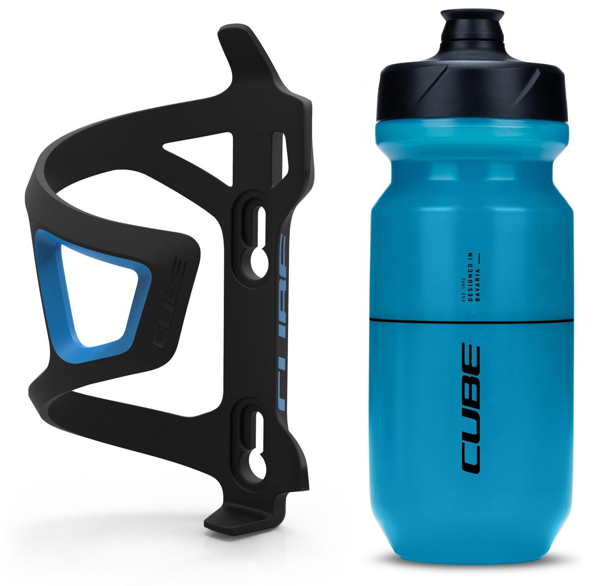 Cube HPP Right Side Loading Cage - Black/Blue & Flow Bottle - Blue, 500ml / Lightweight Bicycle Cycling Cycle Bike MTB Mountain Road Water Drink Flask Bidon Bracket Mount Holder HPA Set Accessories