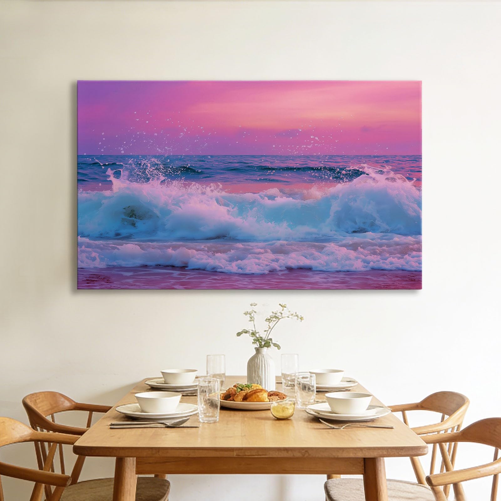 Generisch Leinwandbild Sonnenuntergang Meer Wellen 90x60cm Wandbild Kunstdruck auf Leinwand, Modern Wanddeko Bilder für Wohnzimmer Schlafzimmer Flur Büro Esszimmer Dekoration