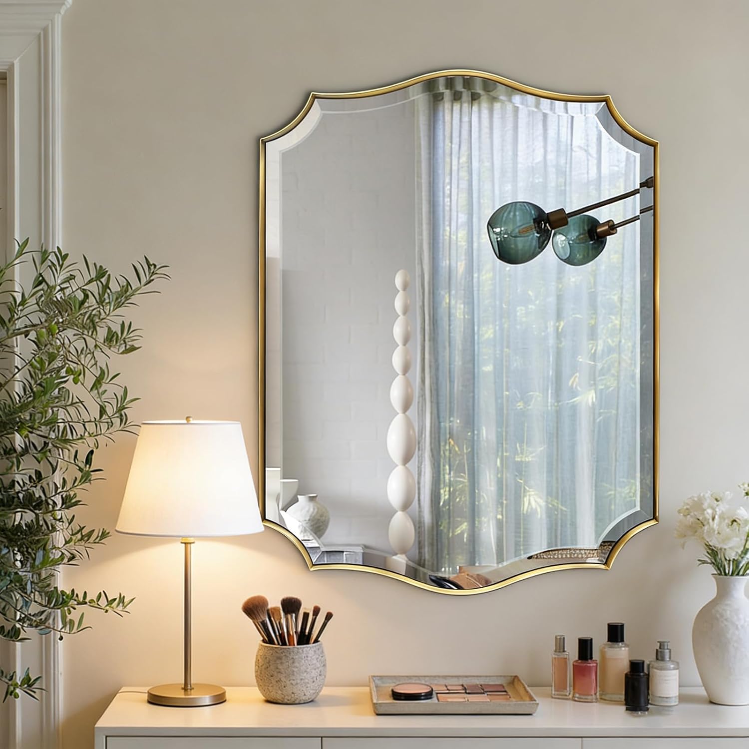 POZINO Scalloped Beveled Mirror, 22"x30" Modern Bathroom Vanity Mirrors for Over Sink, Brushed Gold Rectangle Wavy Mirror for Living Room Bedroom Entryway Fireplace, Hangs Vertically or Horizontally