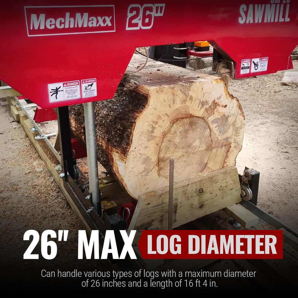 MechMaxx 26" Portable Sawmill(10x Blades Included), ZONSEN 459cc 15HP E-Start Gasoline Engine, 20" Board Width, 20' Track Length (13' Track Length + 6.4' Track Extension Included), SM-26