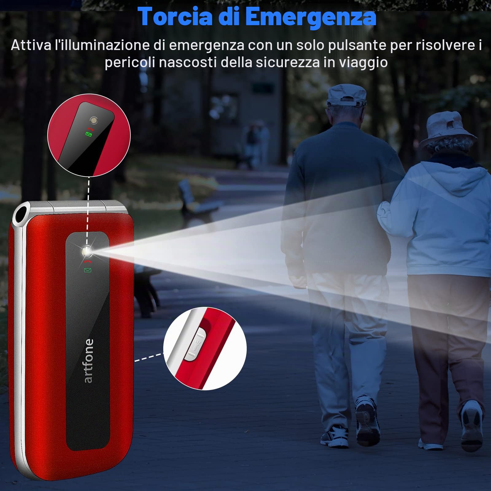 artfone Cellulare per anziani senza contratto, 2 G GSM con tasti grandi, per anziani con pulsante di emergenza SOS, display a colori da 2,4 pollici, doppia SIM, torcia rossa