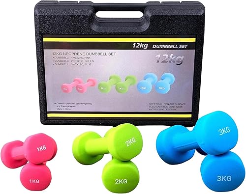 Fuxion Mancuernas de 6 mancuernas de 3 pesos diferentes con 6 unidades portátiles de neopreno, paquete de múltiples tamaños, juego de 6 unidades.