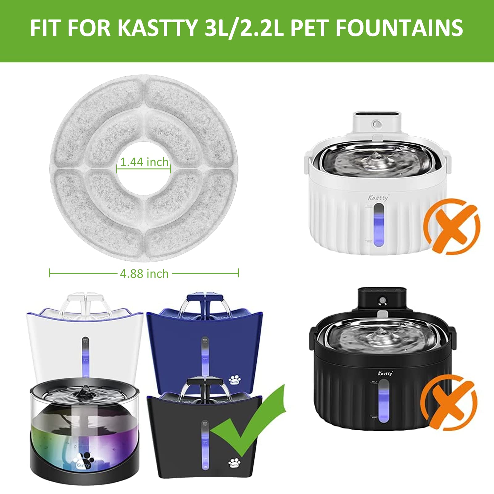 【Más carbón activado】Paquete de 8 filtros de repuesto para fuente de agua Kastty de 3 litros, filtro de fuente de agua de grado alimenticio para Kastty y otros dispensadores de agua para gatos, hechos