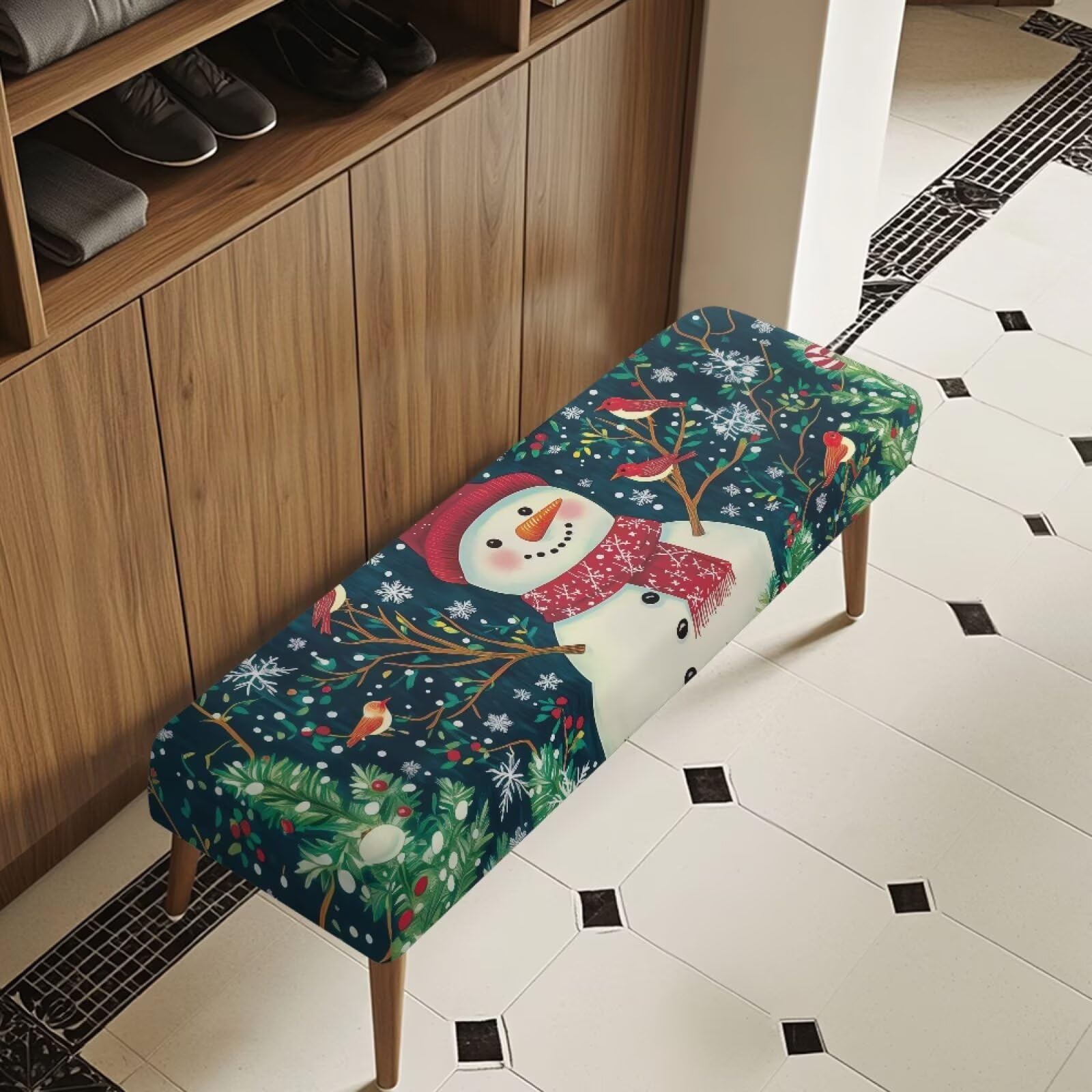 Pxjivorg Christmas Dining Bench Cover Indoor Rectangle Snowman Sparrow, Bench Cushion Cover Slipcover for Xmas Decoration