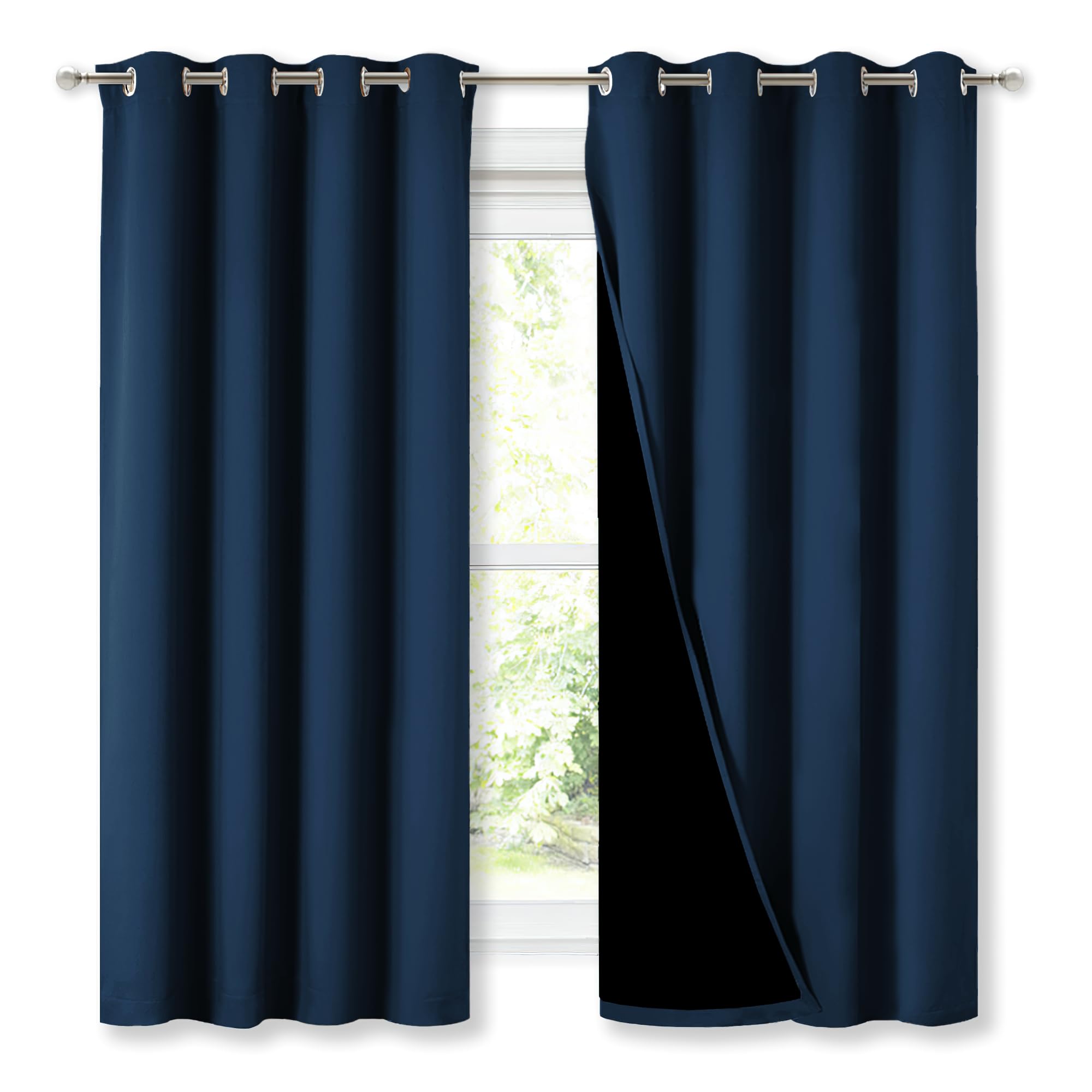 NICETOWN 100% Blackout Curtains with Black Liners, Thermal Insulated Full Blackout 2-Layer Lined Drapes, Energy Efficiency Window Draperies for Bedroom (Moroccan Blue, 2 Panels, 52" W by 63" L)