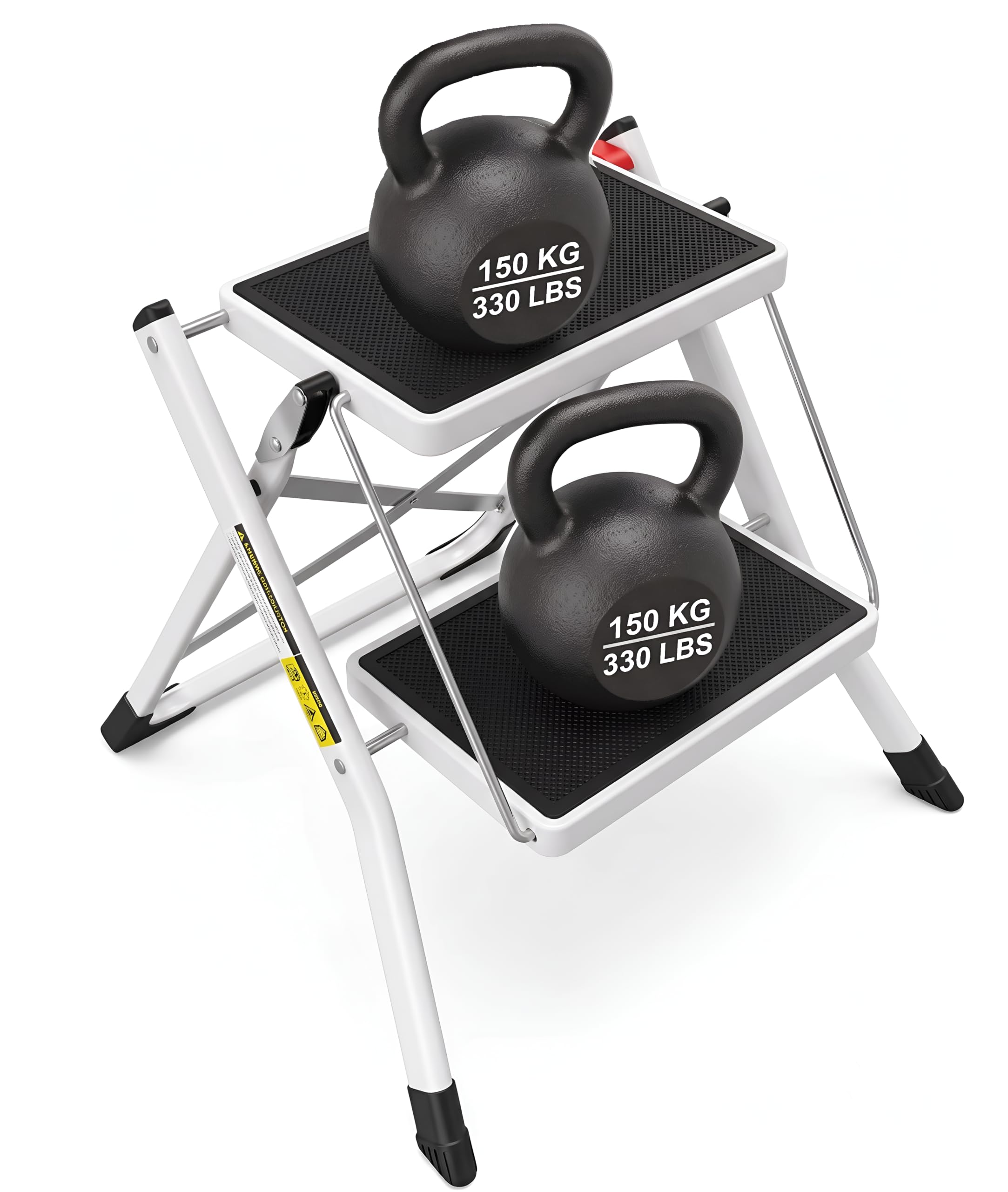 REQUISITE NEEDS Foldable 2 Step Ladder Compact Heavy Duty Steel Portable with Anti-Slip Stable for Kitchen & Home | Supports up to 150 Kgs (Black)