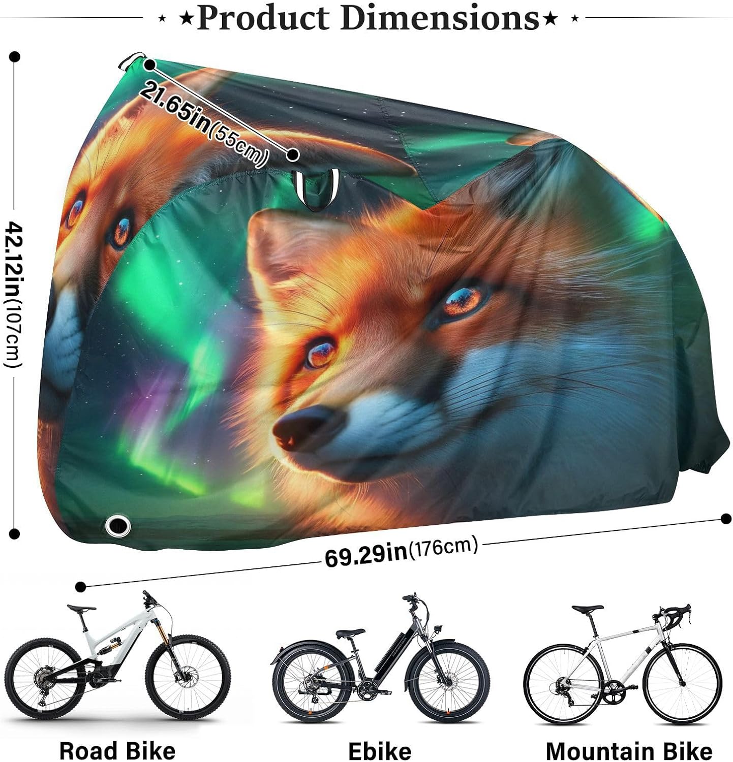 ALAZA Fox Close Up Northern Lights Bike Cover Waterproof Outdoor Ebike Bicycle Covers Tarp Protection for 1/2 Bikes, Sun UV Dust Wind Proof