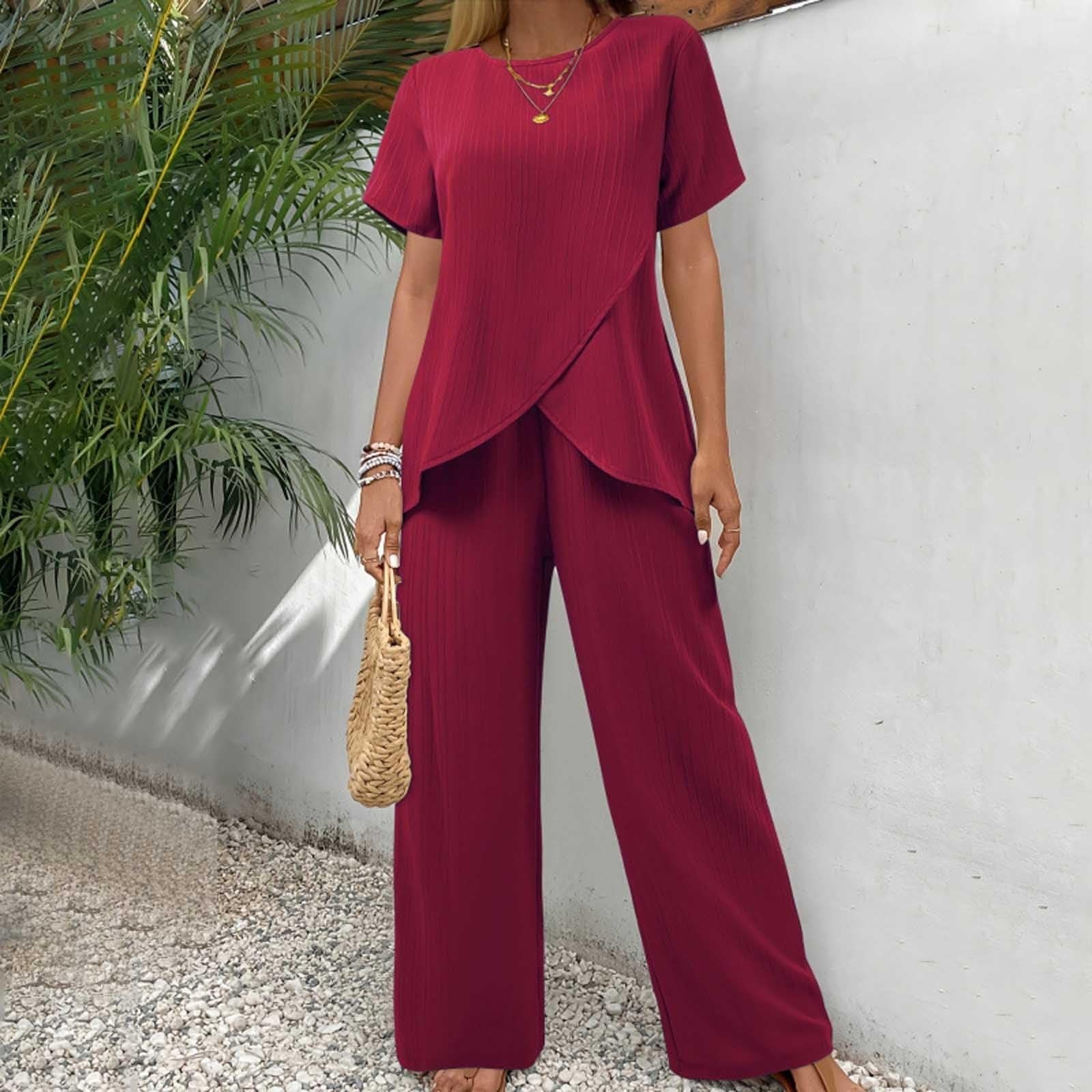 Camisetas Mujer Gatos Camisa Larga Roja Manga Corta Irregular Cuello Cintura Elástica Pantalones Anchos Bolsillos