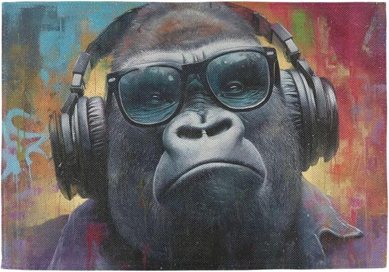 Gorilla Portrait Graffiti Burlap Placemats 6-Pack Non-Slip | Faux linen texture, Non-slip backing, Reversible print, 6-pack 12x18in, Machine washable, Stain-resistant, Daily dining