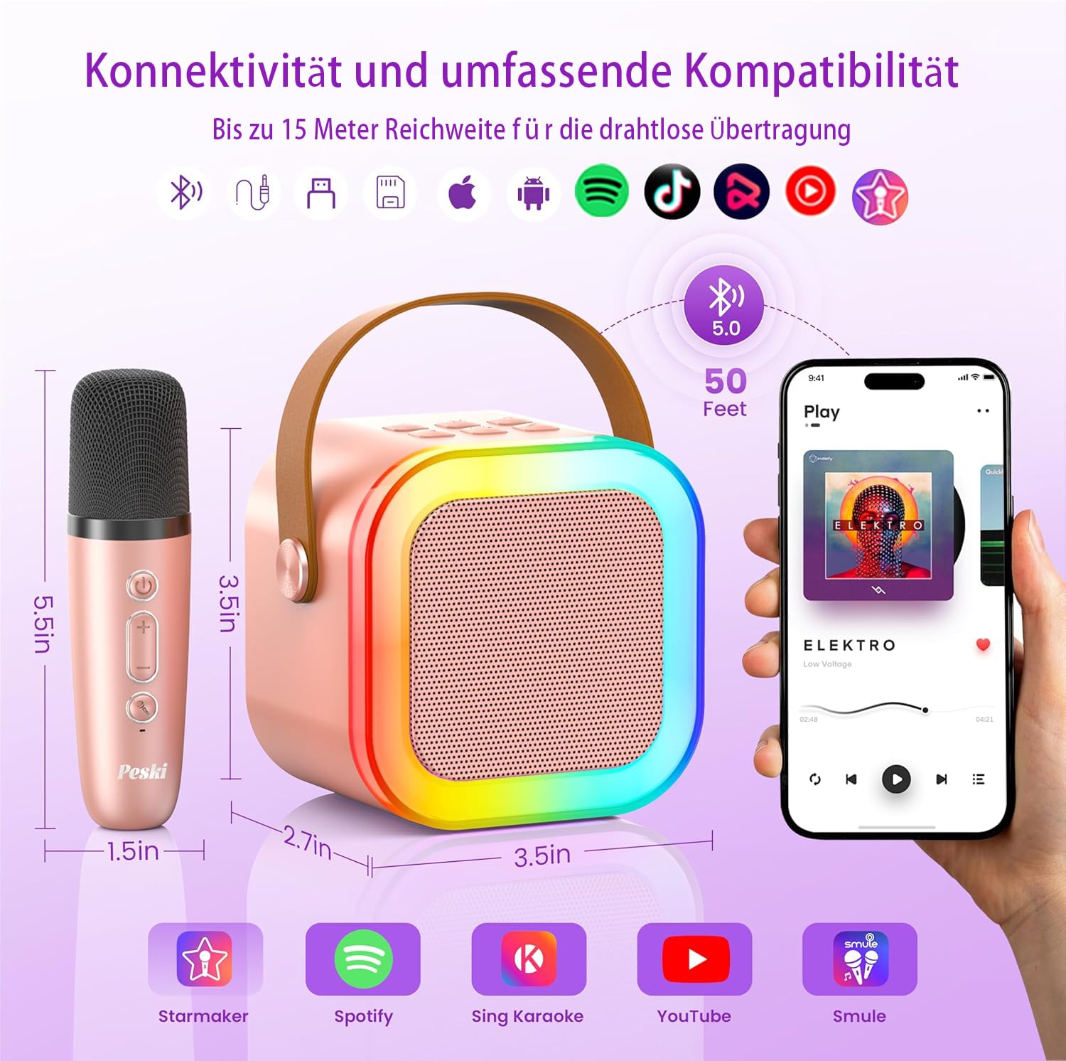 Maszyna do karaoke dla dzieci, mini maszyna do karaoke z 2 mikrofonami Bluetooth, przenośny głośnik Bluetooth z efektami dźwiękowymi i diodami LED, prezent dla dzieci w wieku 3-12 lat, dla dziewcząt i
