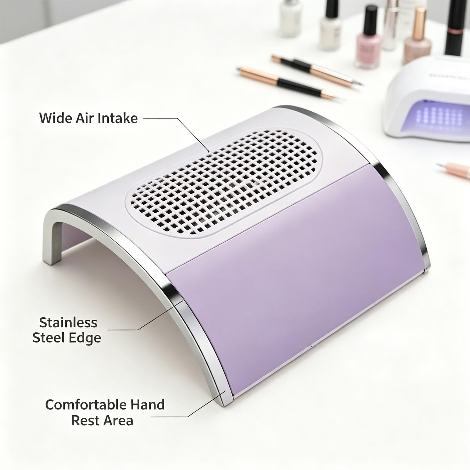 Raccoglitore di polvere unghie, A forma di U a basso rumore unghie aspiratore di polvere, Potente aspirazione manicure Pulidore per unghie in acrilico, white