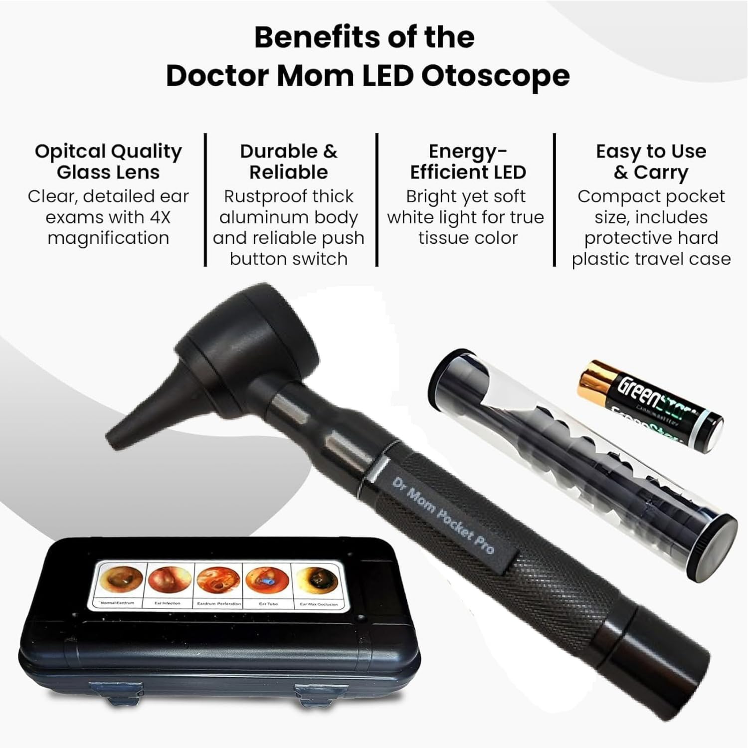 Otoscopio profesional de bolsillo LED Doctor Mom de 4ª generación con puntas de espéculo desechables para adultos y pediátricos, batería y funda protectora de plástico duro, color negro
