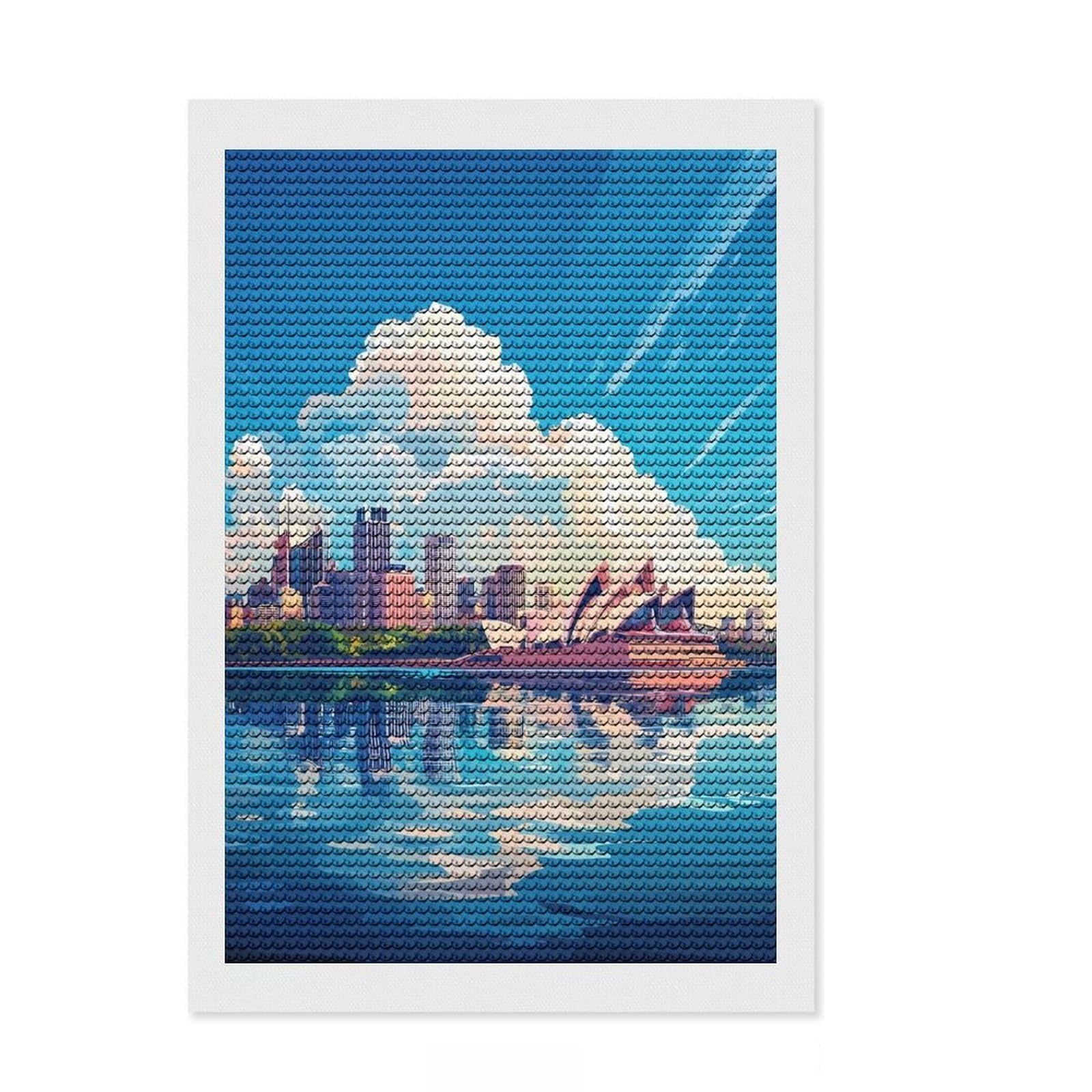 Junmoney Sydney Opera House Skyline Diamond Art Canvas 8"x12", Adhesive Canvas, Calming Craft to Unwind, Boho Decor, Birthday Gift, Easy to Enjoy