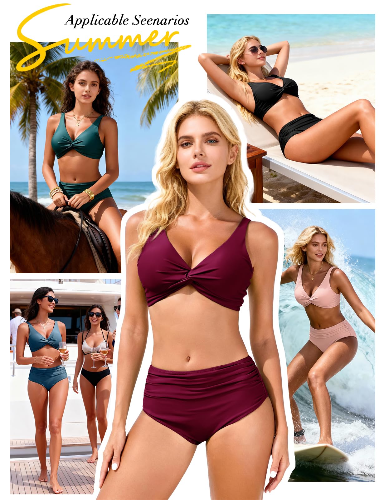 Damen Push Up Bikini Set Sexy V Ausschnitt Twist Oberteil Bauchweg Badeanzug mit Verstellbaren Trägern High Waist Hose Bademode für Strand & Pool