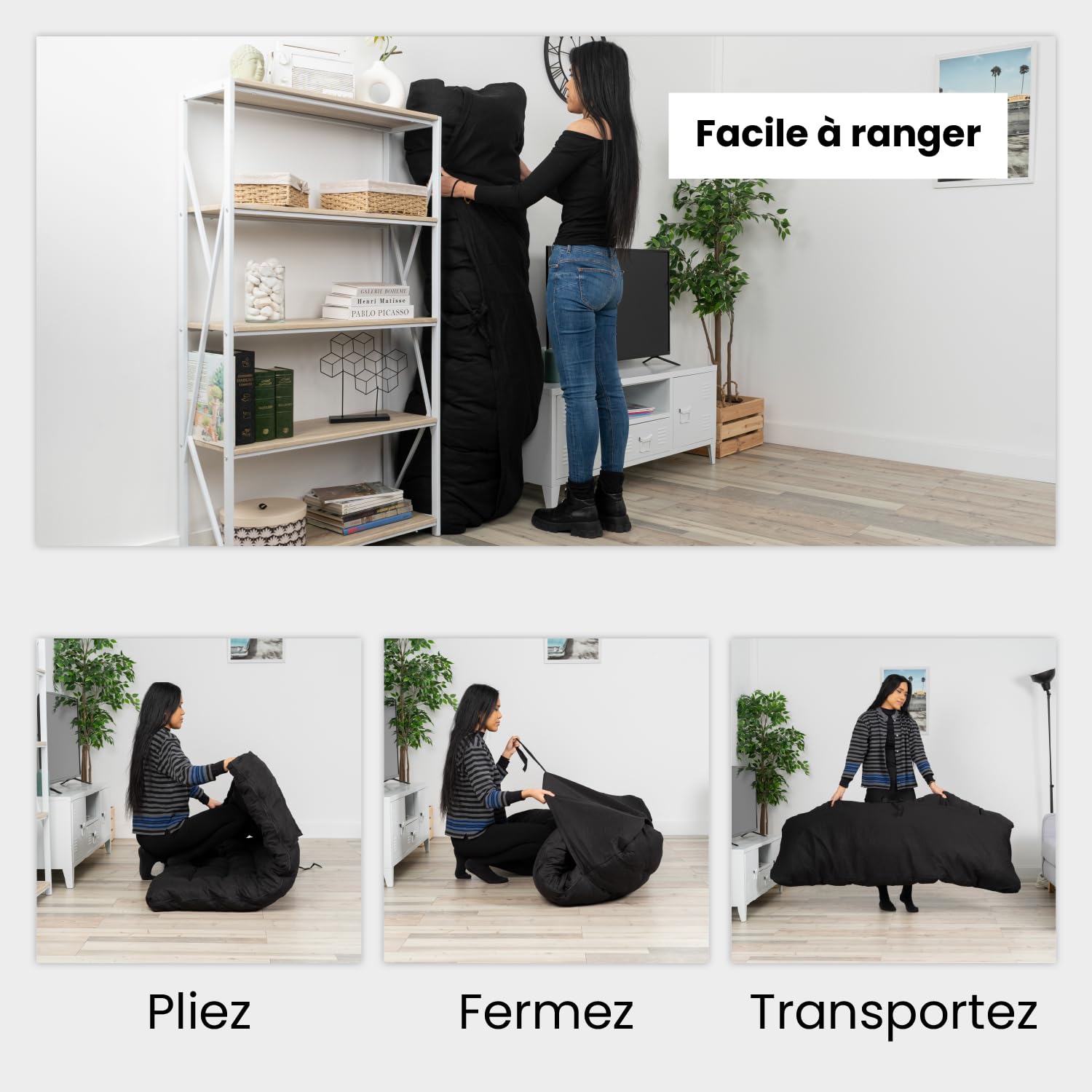 MEUBLE COSY Futon Portatile Pieghevole a 2 posti, Materasso 135 x 190 x 10 cm, Nero