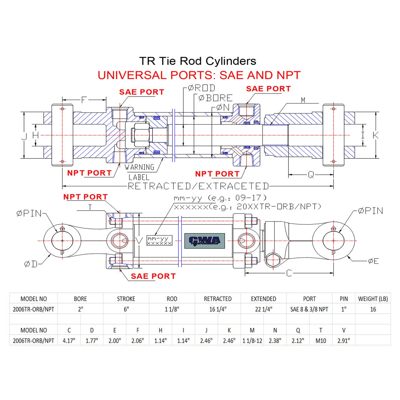 TR Tie Rod Cylinder 2" Bore x 6" Stroke x 1 1/8" Rod x 2500 PSI - Port: SAE 8 and 3/8 NPT