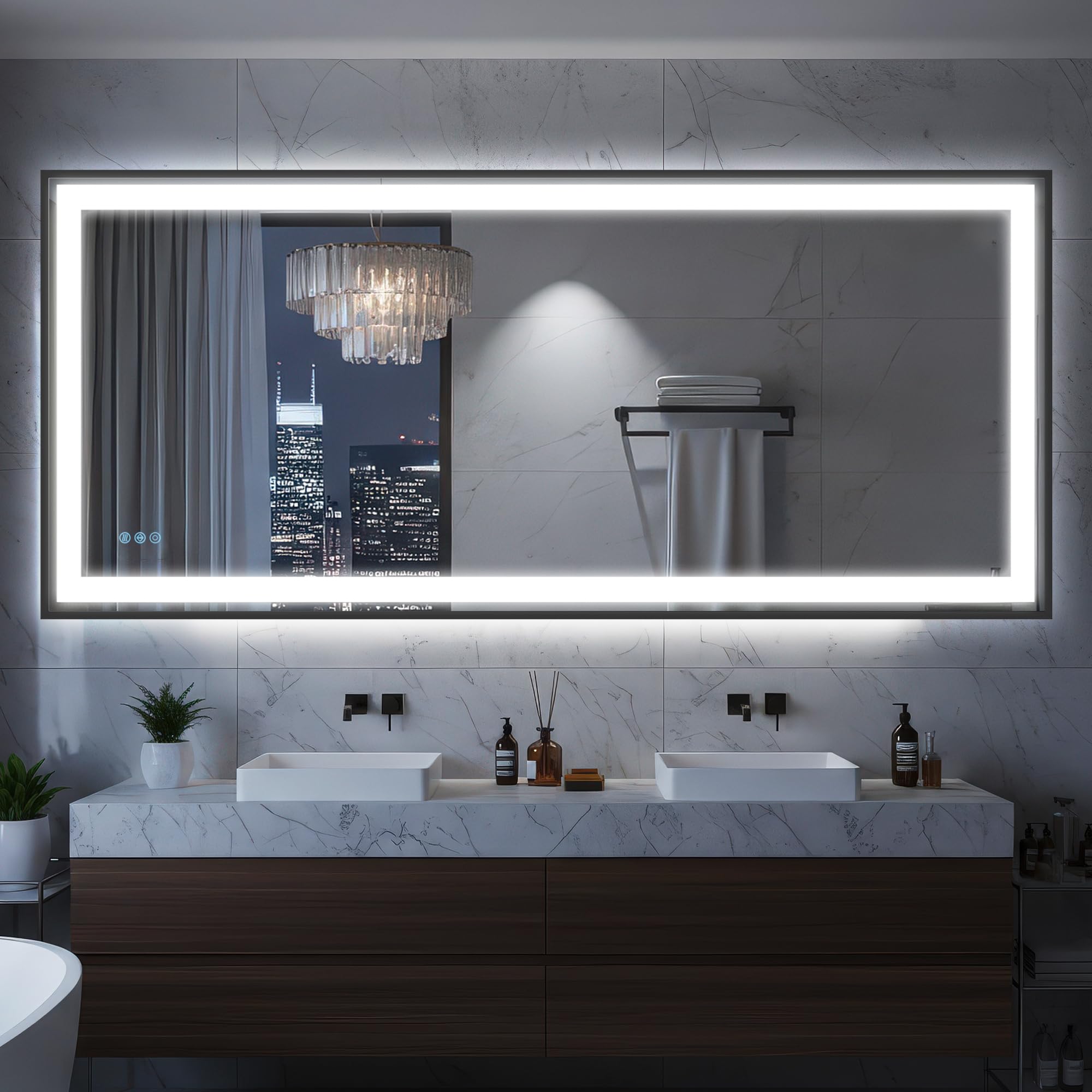Antok 72X32 LED Bathroom Mirror with Lights Vanity Mirror for Wall with Black Frame Touch Control Anti-Fog Dimmable