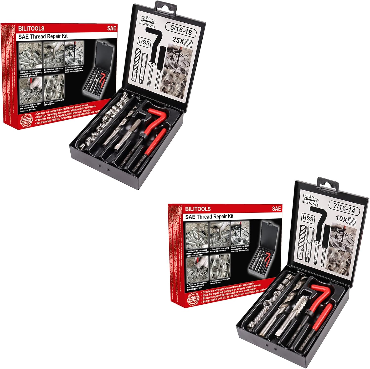 BILITOOLS 5/16-18 inch and 7/16-14 inch TThread Repair Kit, HSS Drill Helicoil Repair Kit SAE