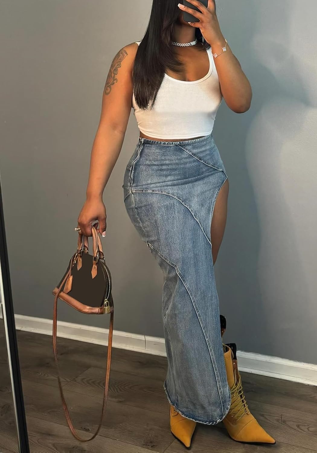 Women's Denim Skirt Casual High Waisted Asymmetrical Front Slit Frayed Hem Skirt A Line Maxi Cargo Jean Skirt Streetwear - Image 2