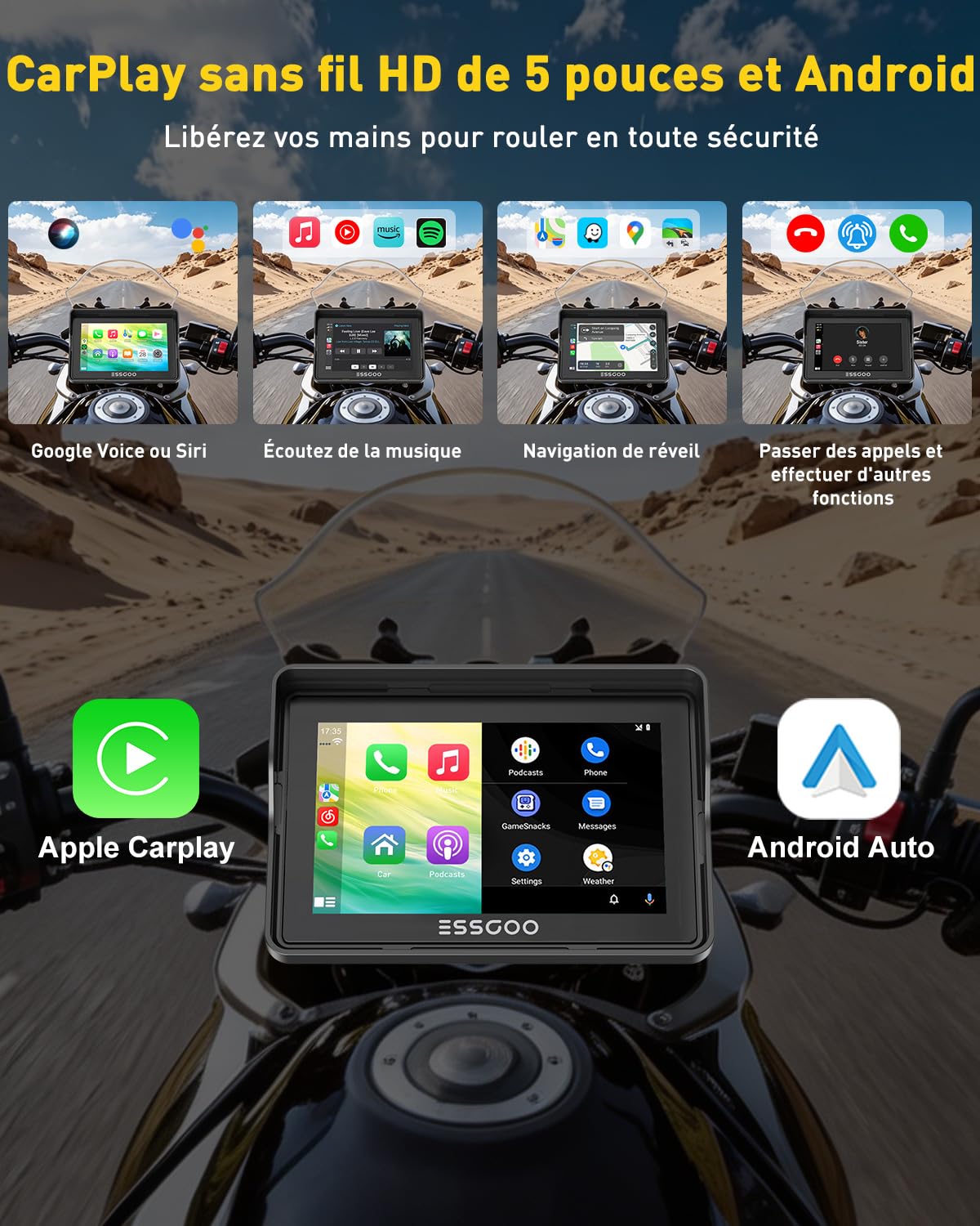ESSGOO 5 Pouces CarPlay Moto Écran Android Auto sans Fil Tactile IPS | IP67 Étanche, Musique Bluetooth 5.3,Navigation GPS,Commande Vocale, Installation Démontage Faciles
