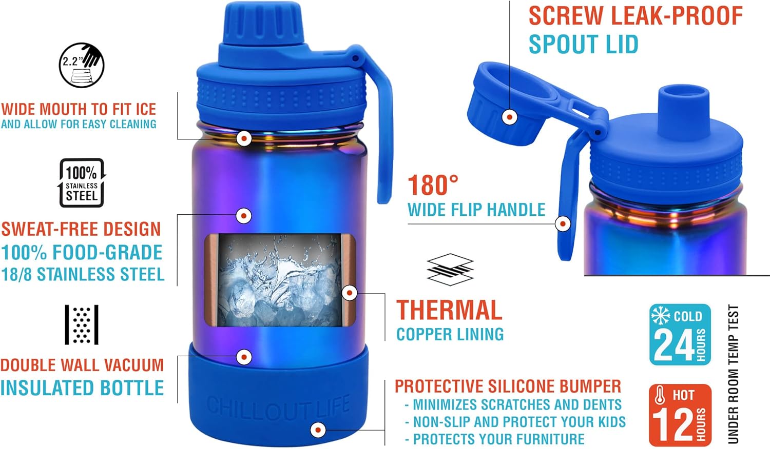 CHILLOUT LIFE 12 oz Kids Insulated Water Bottle for School with Leakproof Spout Lid and Cute Waterproof Stickers, Personalized Stainless Steel Thermos Flask Metal Water Bottle, Dishwasher Safe