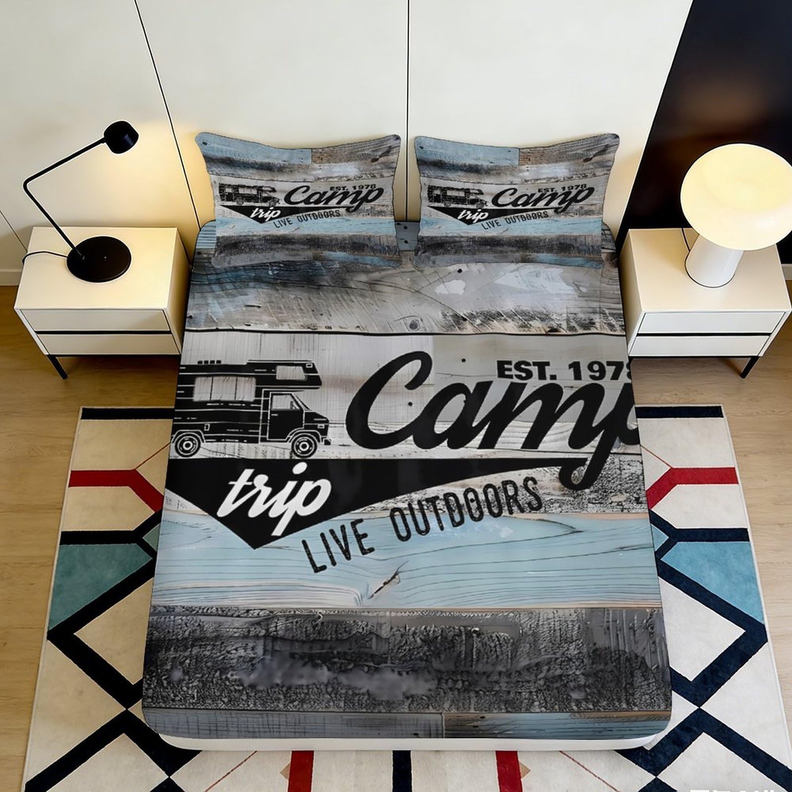 3D Printed Camper Van Rustic Wood Fitted Sheet Microfiber Breathable Camping Scene Mattress Cover for Bedroom Dorm Decor 140x200x25cm