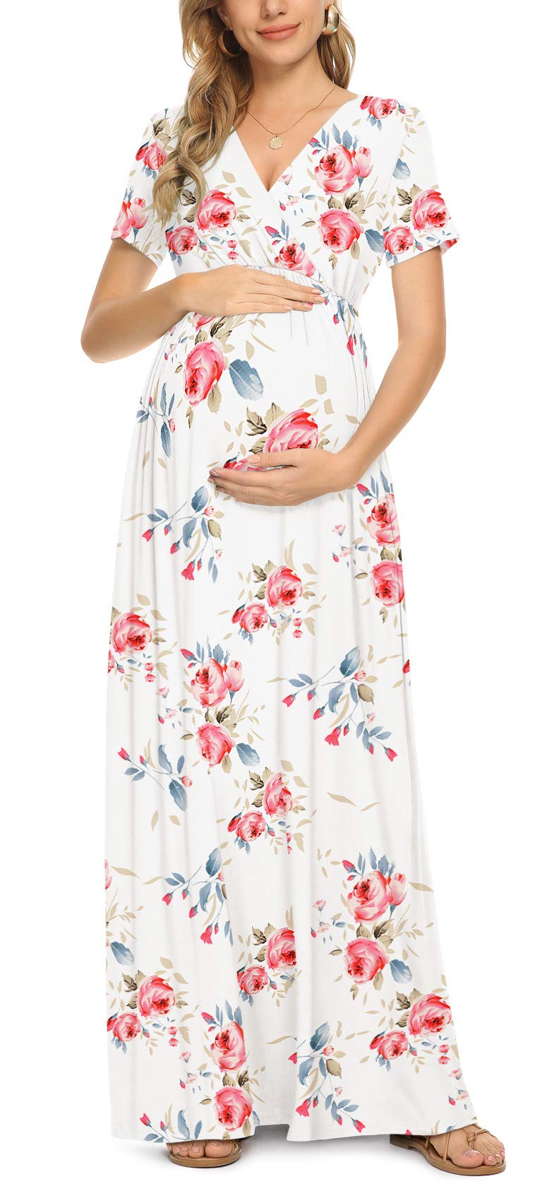 XpenyoWomen's Casual Maternity Maxi Dress V Wrap Baby Shower Pregnancy Dresses
