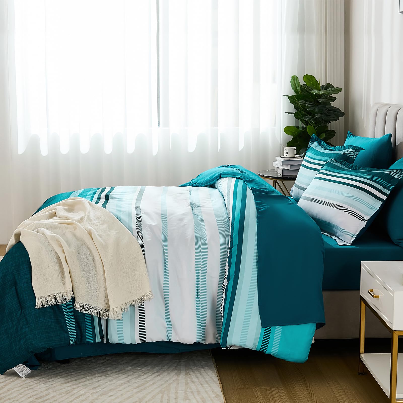 Dobuyly Bettwäsche-Set für Queen-Size-Betten, 7-teilig, blaugrün, gestreift, Boho, gestreift, Queen-Size-Größe, weiche Mikrofaser, Ganzjahres-Bettwäsche-Set mit Bettdecke, Laken, Kissenbezügen und