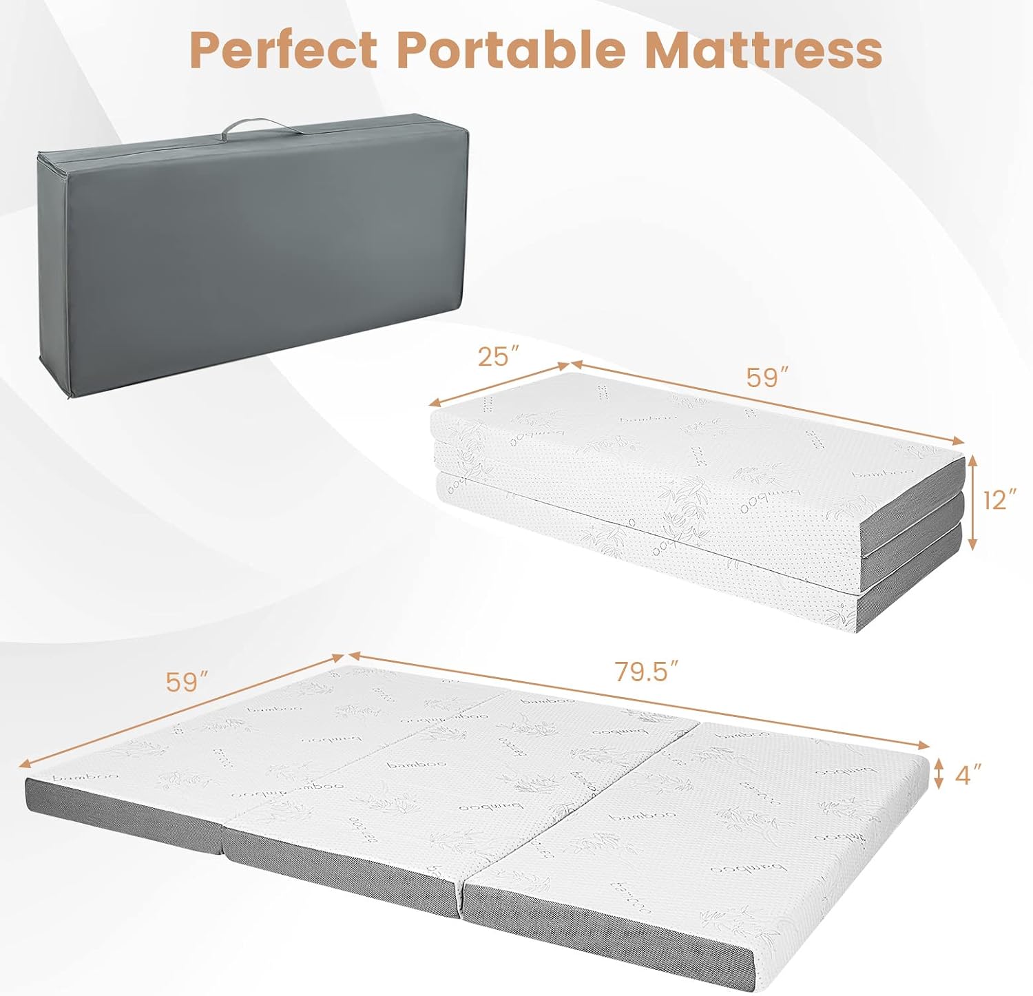 Giantex Folding Mattress, 4 Inch Gel-Infused Tri-fold Mattress with Bamboo Cover & Carry Bag, CertiPUR-US Certified, Foldable Cooling Mattress Topper for Guest Room Dorm RV Camp Floor, Queen