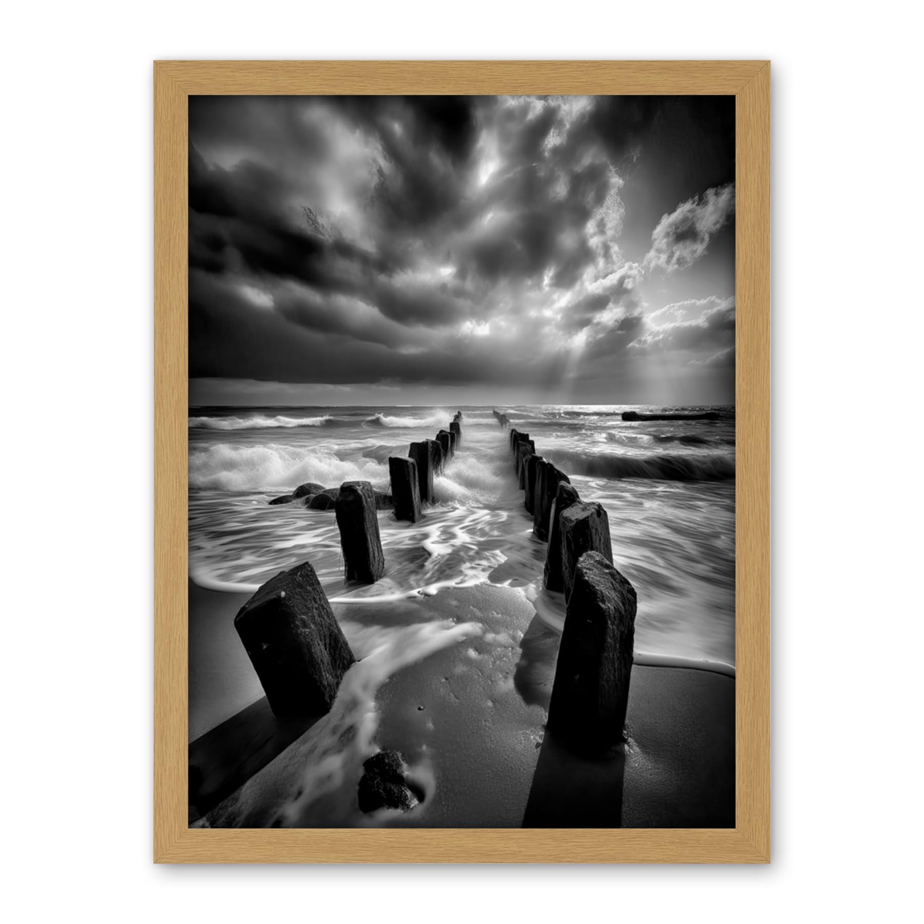 Artery8 Pier Ruins Black and White Dramatic Coastal Photo Artwork Framed Wall Art Print 18X24 Inch