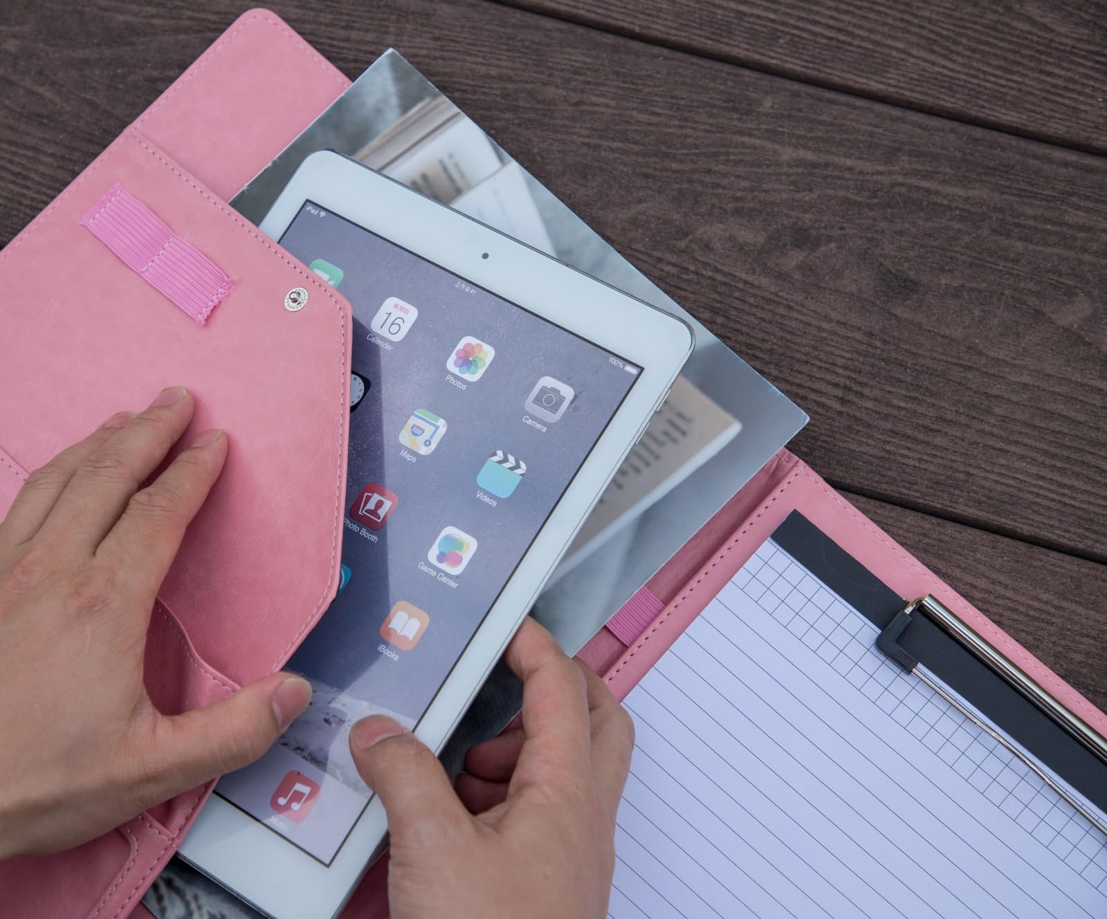 Porte-documents en cuir, organiseur de documents juridiques pour entretiens, porte-bloc, porte-cartes, 2 blocs d'écriture au format lettre inclus (rose)