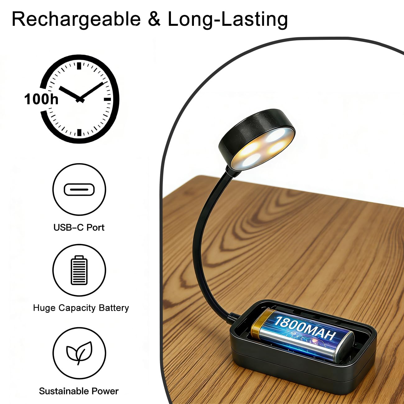 Consss Tragbare LED-Leselampe, 3 Farben, stufenloses Dimmen, Helligkeit, 1800 mAh, wiederaufladbares Buchlicht zum Lesen im Bett, Studenten, Kinder, Reisen, Stillen, Lernen (schwarz)