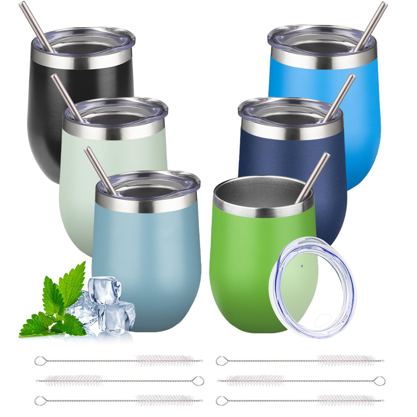 Weinglas ohne Stiel mit Deckel, doppelwandig, isoliert, Edelstahlgläser, Becher mit Strohhalm, isoliert, Cocktailbecher, Kaffeetasse für heiße und kalte Getränke, 340 ml, gemischt, 10 Stück