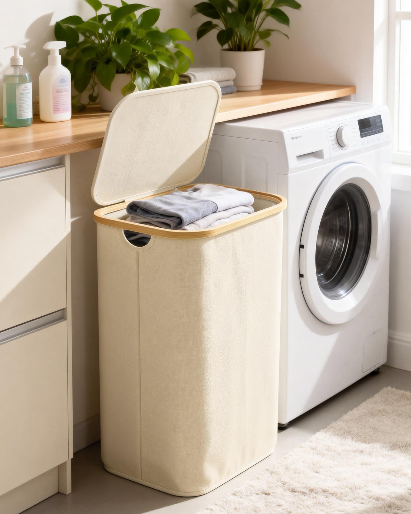 Ribelli Cesto portabiancheria pieghevole da 85 litri, con coperchio e sacchetto rimovibile, per lavanderia, bagno, camera da letto, crema