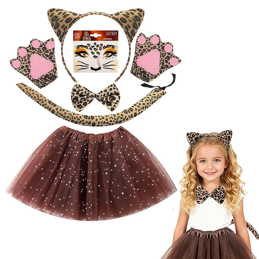 5 Pieces Leopard Costume Set Include Face Sticker Leopard Ears Bow Tie Tail Brown Tutu Skirt, Animal Print Dress Kids, Carnival Cosplay Halloween Christmas Party Accessories