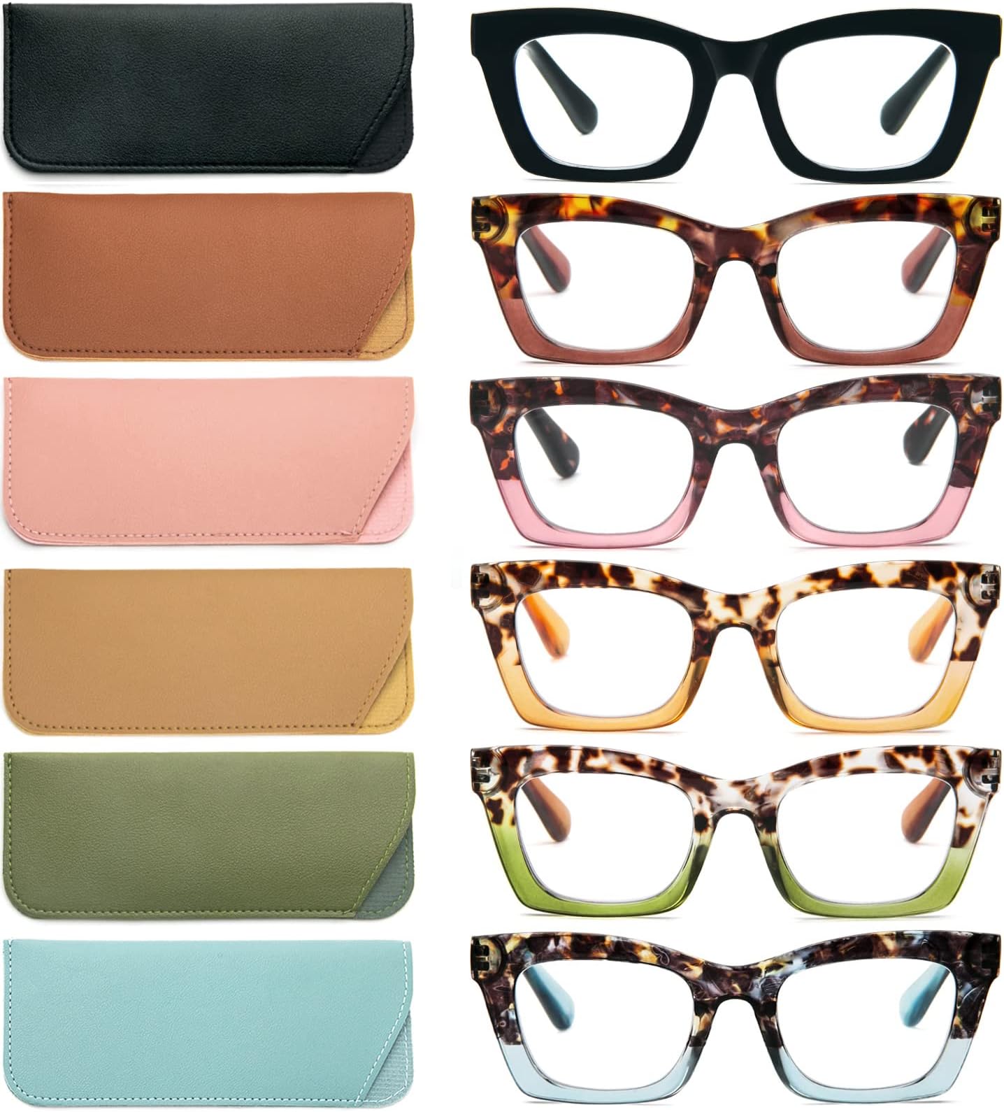 6 Pack Reading Glasses for Women Blue Light Blocking, Cute Square Computer Readers with Spring Hinge