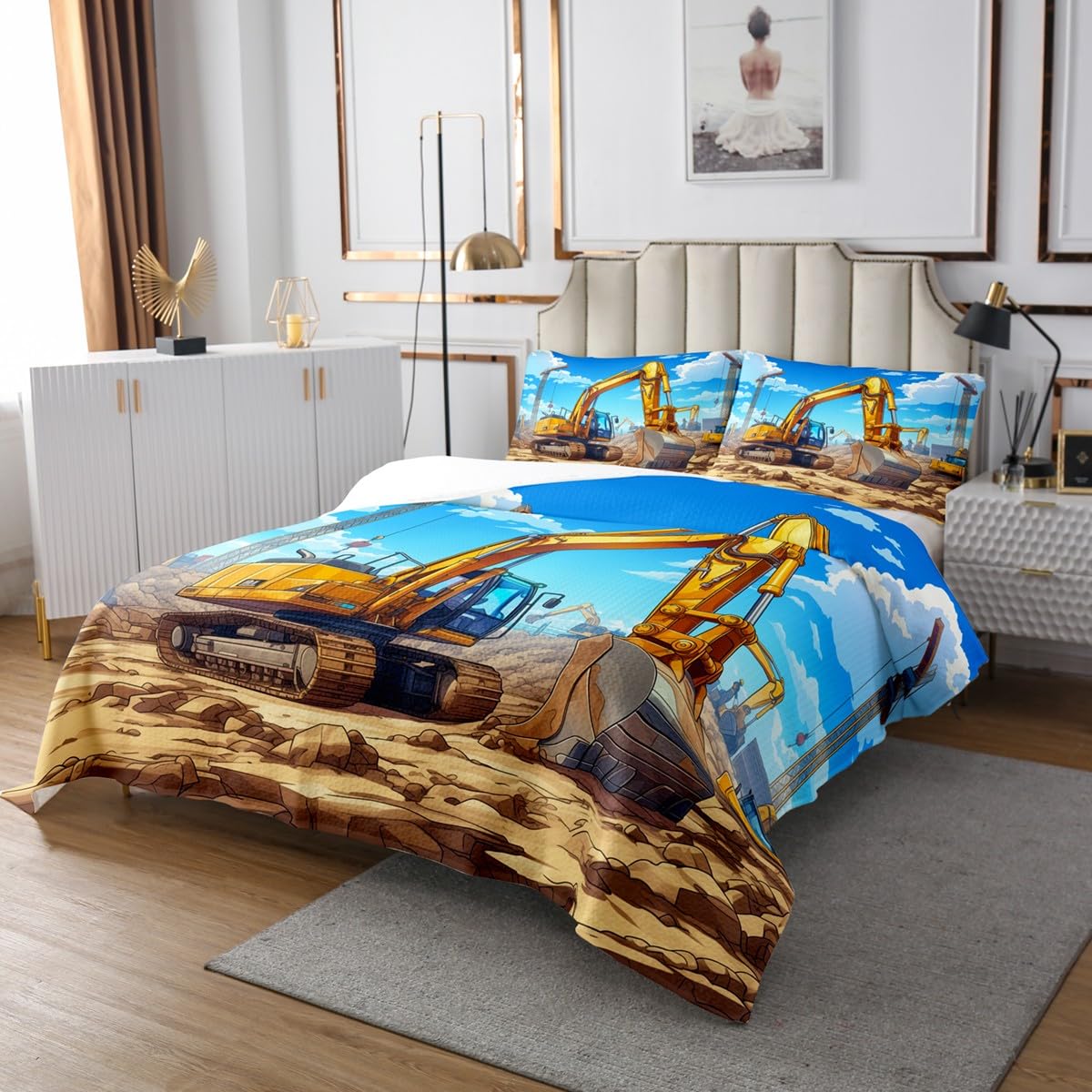Yellow Excavator Bedspread Twin Size Construction Vehicle Coverlet Set Boys Bedroom Present Equipment Trucks Decor Bedding Set Engineering Car Theme Bedding with 1 Pillowcase