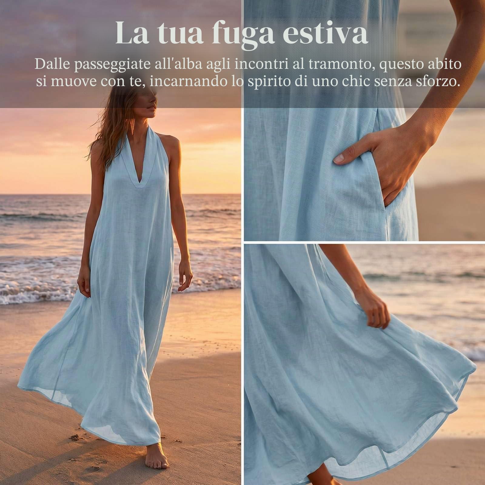 Abito Lungo Minimalista ed Elegante da Donna 2026, Abito Estivo in Lino con Scollo a V e Collo Allacciato con Tasche