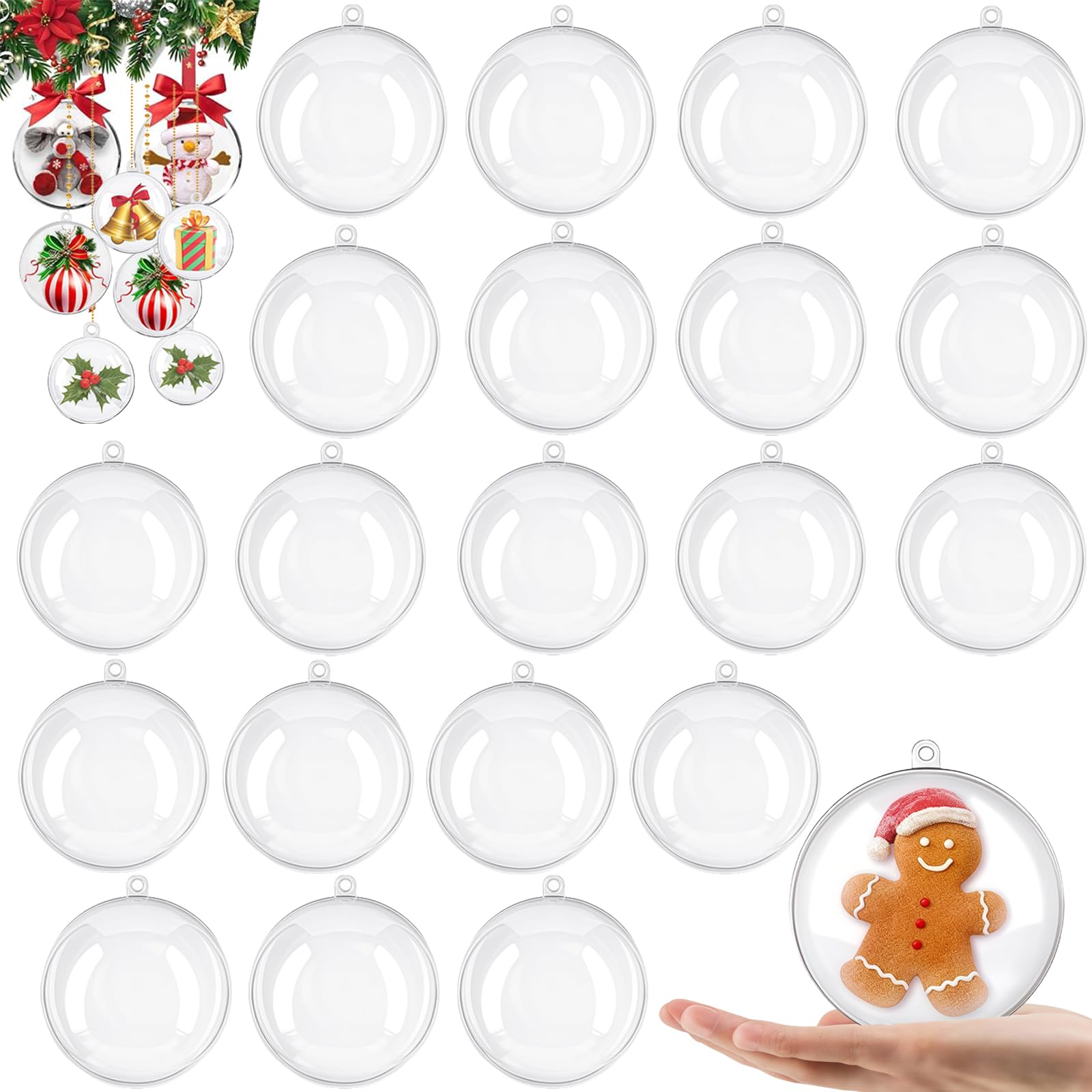 20Pcs 6cm Clear Christmas Baubles, Plastic Fillable Bauble for 6cm, Christmas Tree Decorations New Years Wedding Party Empty Plastic to Fill DIY Clear Baubles Xmas Decor