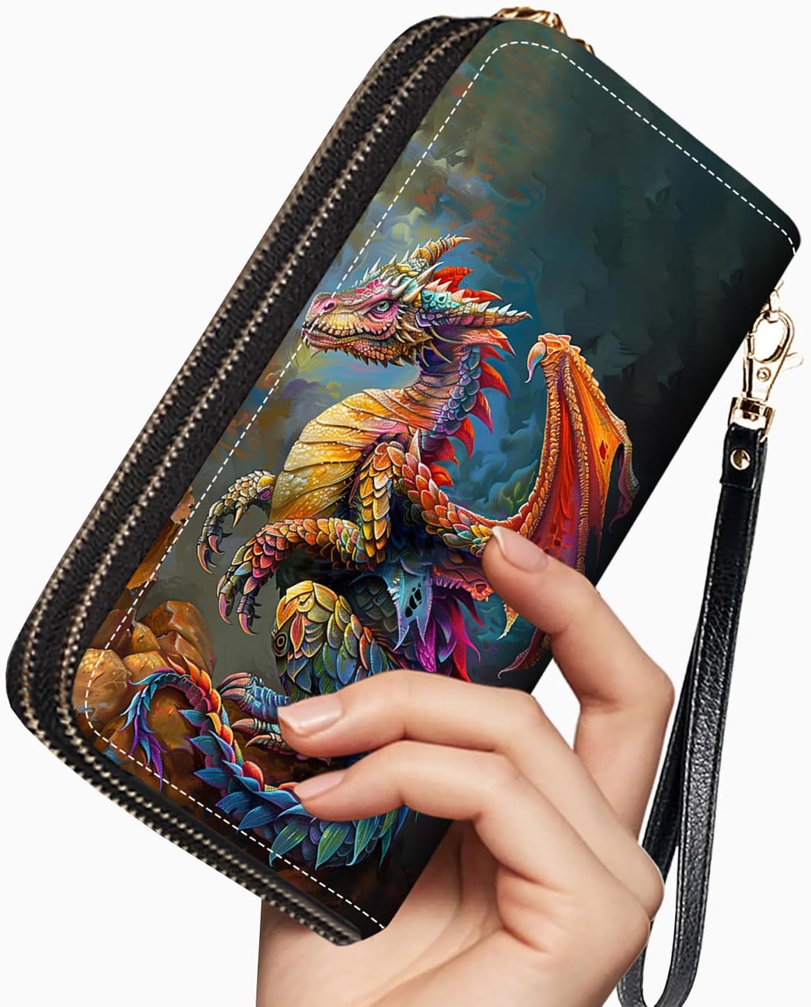 Colorful Dragon Print Women Large Capacity Wallet PU Leather Double Zipper Clutch Purse for Smart Phone/Card/Coin/Cash image 2