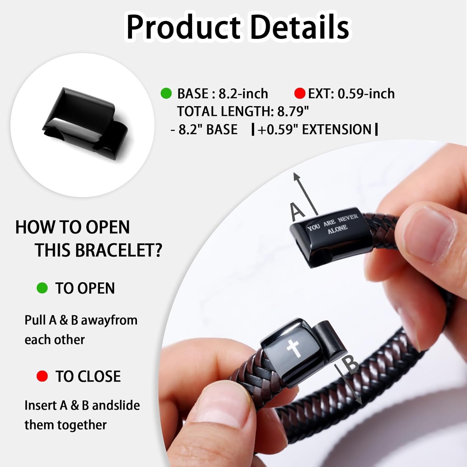 Leather Bracelet for Men Dad Husband Boyfriend Son Grandson Gift, Braided Leather Bracelet with Stainless Steel Engraved Joshua Scripture You are Never Alone Jewelry Birthday Valentine Gifts - Image 4