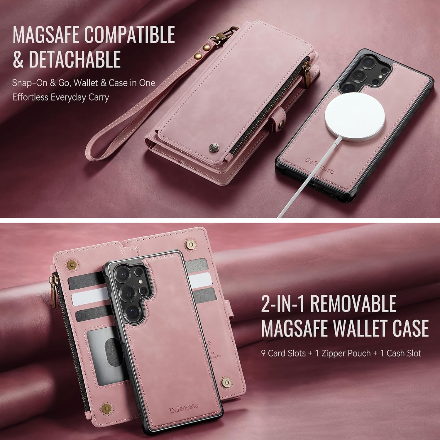 Defencase for Samsung Galaxy S25 Ultra Magnetic Wallet Case Compatible with Magsafe with RFID Blocking Zipper & Card Holder Women, PU Leather Detachable Phone Case for Galaxy S25 Ultra 6.9", Rose Pink - Image 9
