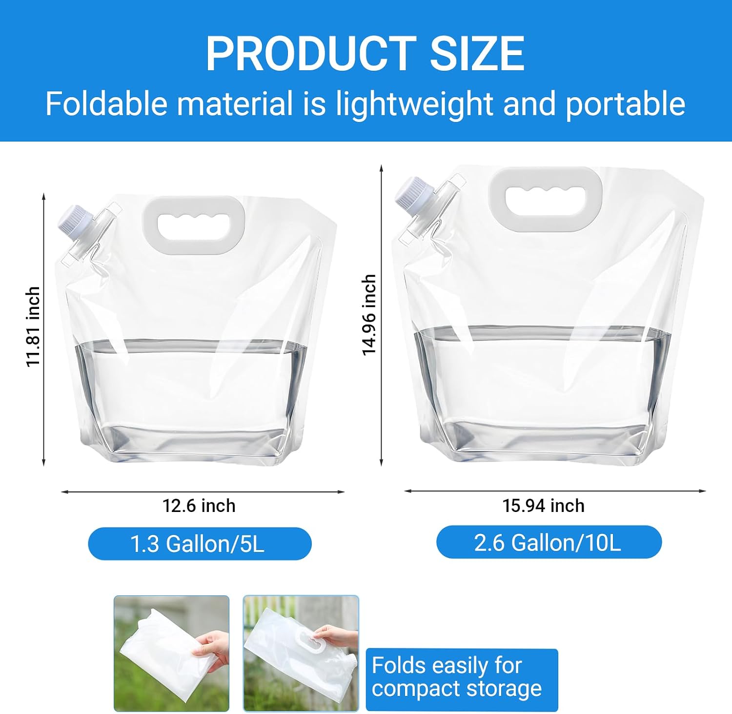Collapsible Water Container Bag 1.3 Gallon Clear water storage bag BPA-Free, Freezable Plastic Emergency water pouches with Handle, No-Leak Foldable Water Jug for Sport, Camping, Hike Riding