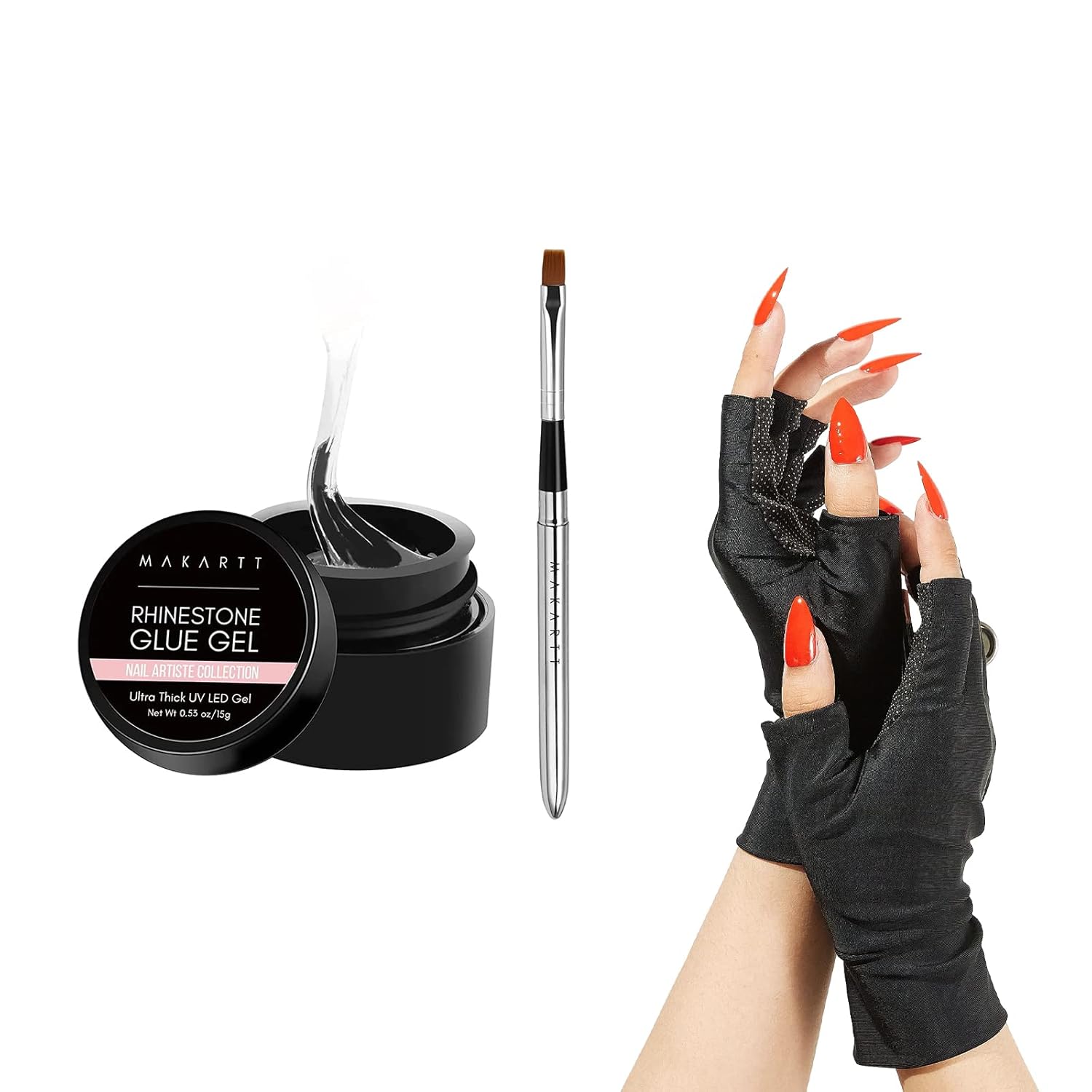 Makartt Nail Rhinestone Glue Gel with Brush Pen Set, 15ml Clear Nail Gem Glue Gel Bundle with UV Gloves for Nail Lamp Gel Curing, UPF50+ UV Protection Gloves for Manicures Dryer