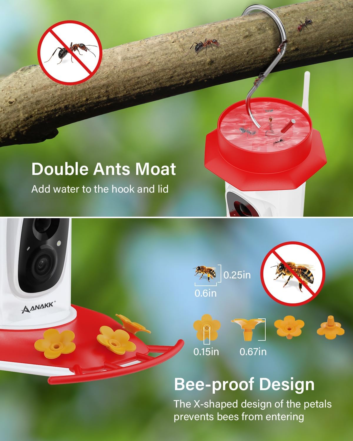Hummingbird Feeder with Camera,1296P HD Night Vision Hummingbird Feeder with Ant Moat, Solar Bird Feeder Outdoor/IP65 Waterproof/AI Intelligent Identification of Hummingbirds 2.4G Wi-fi
