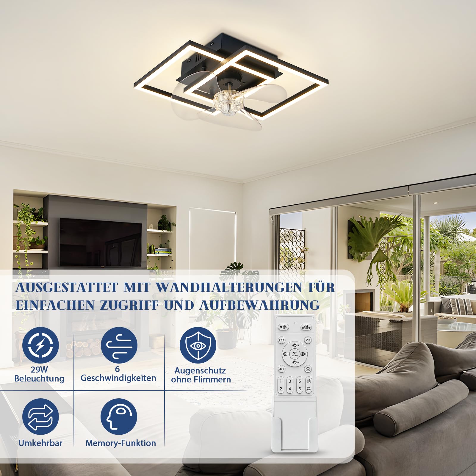 Homefire Ventilador de techo con luz - LED lampara Ventilador techo silencioso y mando a distancia negro 3000-6500K Dimmable moderno ventiladores de techo 6 velocidades motor DC para Dormitorio